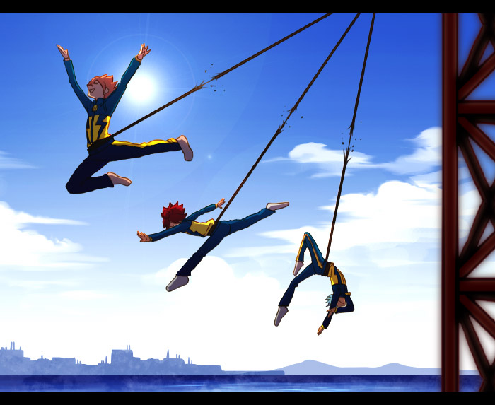 3boys bad_end blue_hair bungee burn burn_(inazuma_eleven) cloud frayed_rope gran inazuma_eleven inazuma_eleven_(series) kiyama_hiroto lens_flare male_focus multiple_boys nagumo_haruya outdoors red_hair rope sky sun suzuno_fuusuke swinging