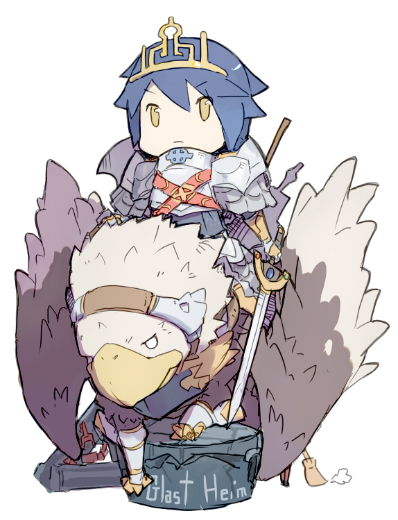 1boy 1girl alice_(ragnarok_online) armor blue_hair breastplate broom closed_mouth commentary_request cross_of_prontera frown full_body gauntlets griffin gryphon_(ragnarok_online) holding holding_sword holding_weapon in-universe_location jitsu_hidari living_armor looking_at_viewer male_focus pauldrons ragnarok_online raydric riding royal_guard_(ragnarok_online) short_hair shoulder_armor simple_background solo_focus sword weapon white_background yellow_eyes