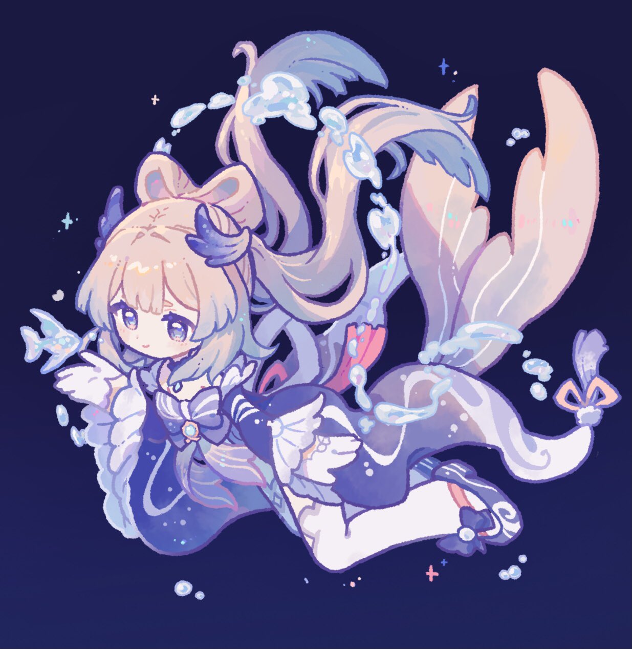 1girl arm_at_side back_ribbon blue_background blue_brooch blue_hair bow bow-shaped_hair c: center-flap_bangs chest_bow chinese_commentary choker colored_tips commentary_request deformed dot_nose double-parted_bangs fin_hair_ornament fish floating floating_hair footwear_bow frilled_choker frilled_kimono frilled_sleeves frills genshin_impact gloves gradient_clothes gradient_kimono hair_ornament hand_up harukui high-low_skirt highres japanese_clothes kimono light_blush long_hair looking_ahead multicolored_hair off_shoulder open_hands pink_ribbon purple_bow purple_choker purple_eyes purple_kimono purple_ribbon purple_sandals ribbon sandals sangonomiya_kokomi simple_background smile solo sparkle tassel thighhighs three_quarter_view very_long_hair water water_drop white_gloves white_kimono white_thighhighs zouri