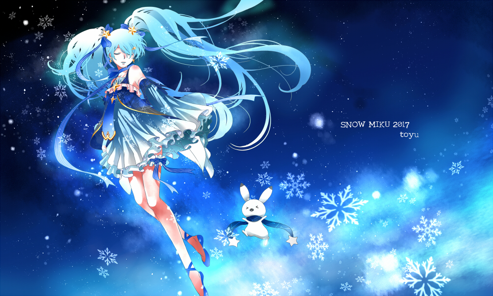 1girl 2017 animal ankle_ribbon artist_name blue_hair character_name closed_eyes detached_sleeves dress flats floating_hair frilled_dress frilled_sleeves frilled_thigh_strap frills full_body hair_ornament hair_ribbon hatsune_miku leg_ribbon long_hair long_sleeves rabbit ribbon sleeveless sleeveless_dress sleeves_past_fingers sleeves_past_wrists snowflakes solo star_(symbol) star_hair_ornament thigh_strap toyu twintails very_long_hair vocaloid yuki_miku yuki_miku_(2017)