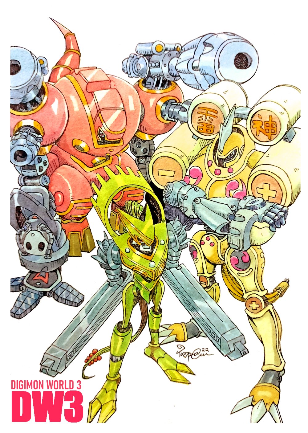 armor cannon crossed_arms digimon digimon_world_3 fujinmon gauntlets highres looking_at_viewer mecha no_humans raijinmon robot suijinmon taragraphika