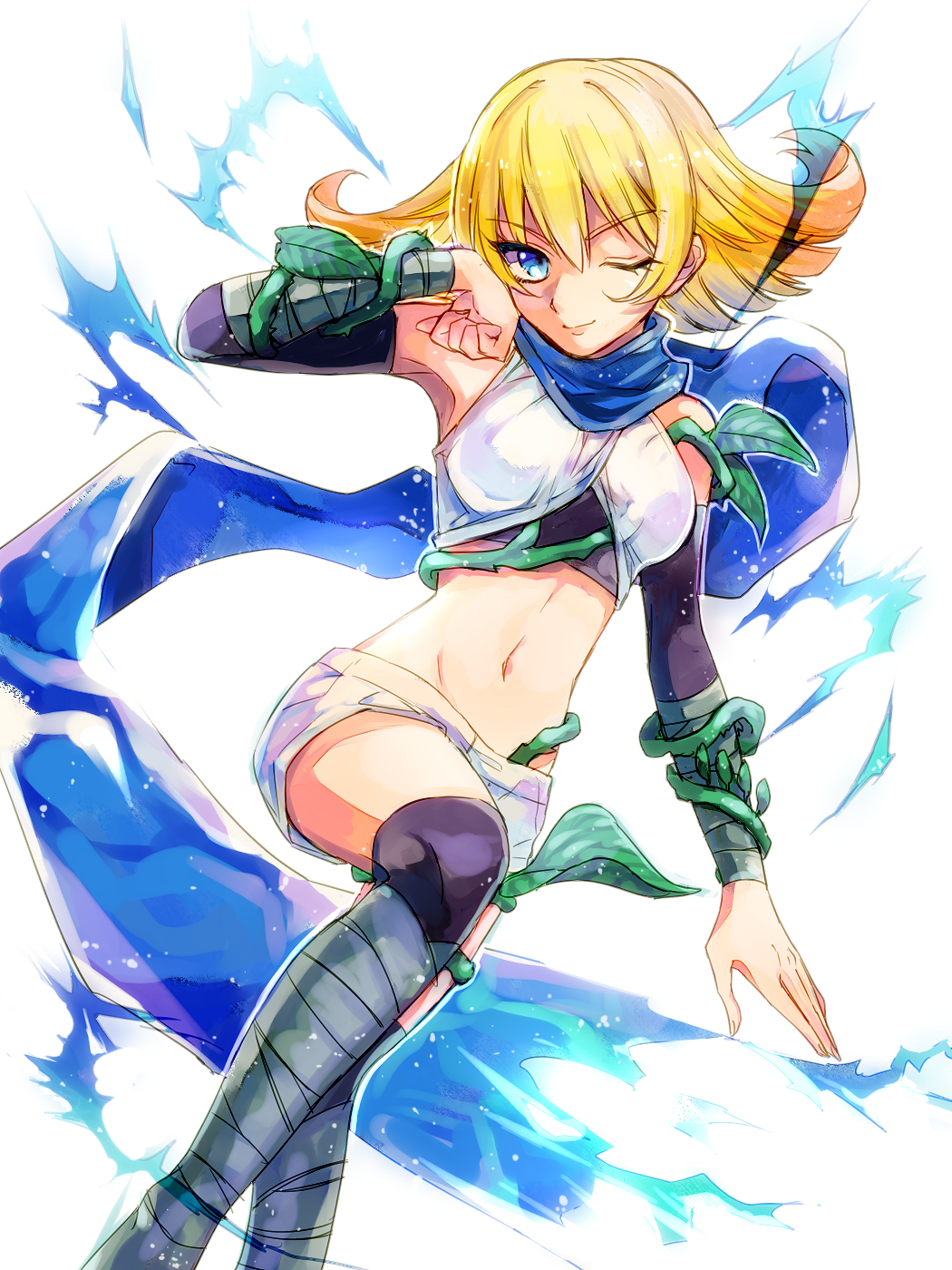1girl blonde_hair blue_eyes blue_scarf electricity highres kid_icarus kid_icarus_uprising looking_at_viewer midriff navel nintendo one_eye_closed phosphora plant scarf shorts solo vines white_shorts yutapo