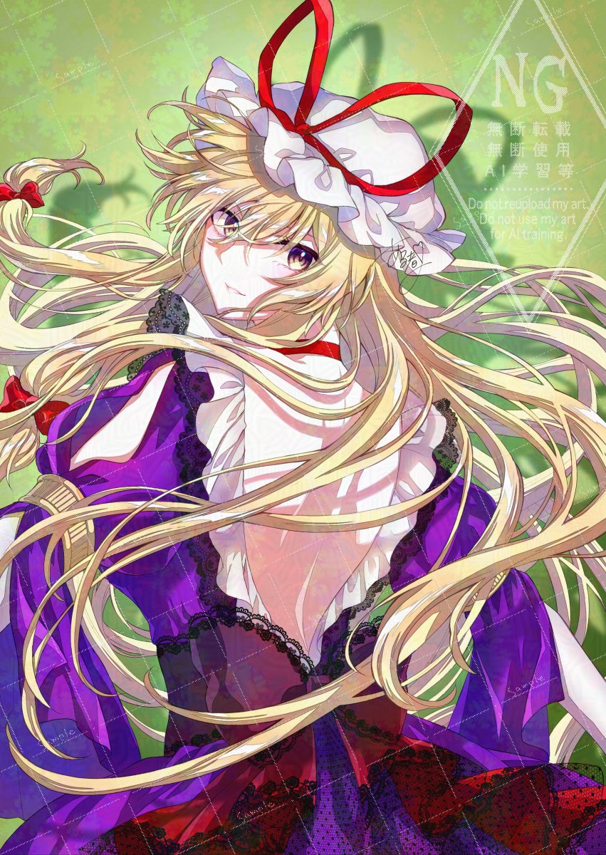 1girl alto2019 back bare_back blonde_hair choker commentary dress frills green_background hair_between_eyes hair_ribbon hat highres light_smile long_hair looking_at_viewer looking_back mob_cap purple_dress purple_eyes ribbon solo touhou traditional_media upper_body watermark yakumo_yukari