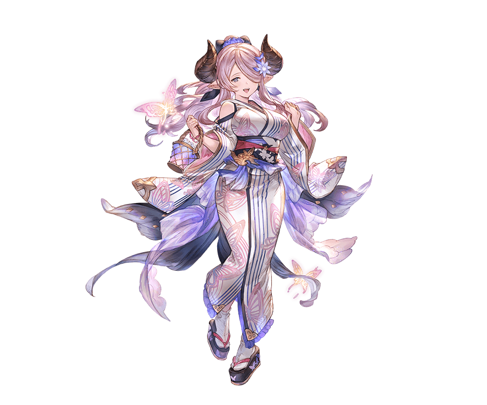 1girl alpha_transparency bare_shoulders black_bow blue_eyes blush bow breasts bug butterfly draph flower full_body geta granblue_fantasy hair_bow hair_flower hair_ornament hair_over_one_eye horns insect japanese_clothes kimono large_breasts long_hair long_sleeves looking_at_viewer narmaya_(granblue_fantasy) narmaya_(yukata)_(granblue_fantasy) obi official_art one_eye_covered open_mouth pink_hair platform_clogs pointy_ears ponytail purple_flower sash shoes smile solo standing tabi transparent_background wide_sleeves yukata