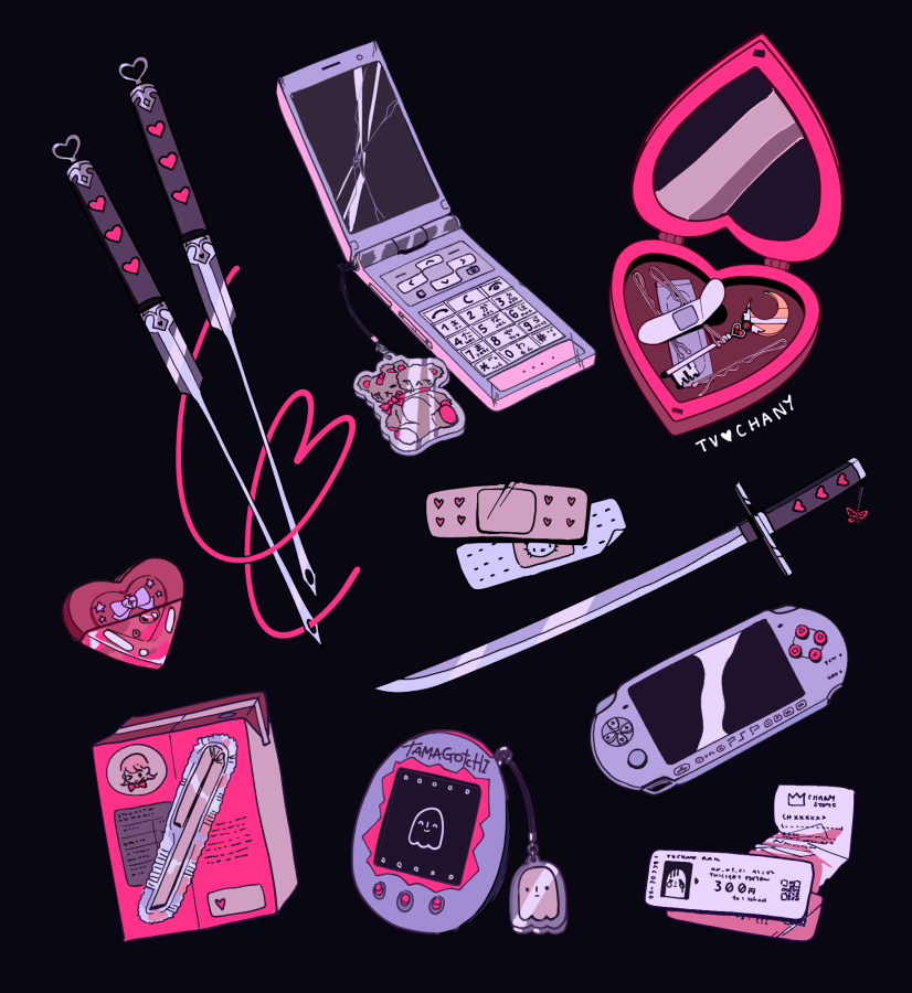 artist_name bandaid black_background bobby_pin box butterfly_ornament cellphone cellphone_charm charm_(object) commentary crack cracked_screen crescent flip_phone food ghost_ornament handheld_game_console heart heart-shaped_box heart-shaped_ornament heart_print hello_kitty hello_kitty_(character) hello_kitty_print juice_box katana key knitting_needle limited_palette multiple_heads myon_(tokipi) needle no_humans object_focus original phone pink_theme playstation_portable receipt sanrio signature simple_background string stuffed_animal stuffed_toy sword symbol-only_commentary tamagotchi tamagotchi_(virtual_pet) teddy_bear ticket weapon