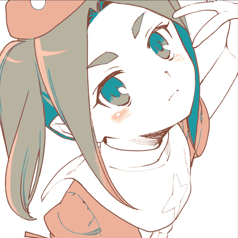 1girl aqua_eyes aqua_hair bare_arms blouse blush_stickers brown_eyes brown_hair capelet center_frills closed_mouth collared_capelet colored_inner_hair commentary dot_nose expressionless forehead frills gradient_eyes hat head_tilt light_frown looking_at_viewer monogatari_(series) multicolored_eyes multicolored_hair nisemonogatari no+bi= ononoki_yotsugi puffy_short_sleeves puffy_sleeves red_hat red_ribbon red_shirt ribbon shirt short_sleeves simple_background sleeve_ribbon solo twintails upper_body v white_background white_capelet