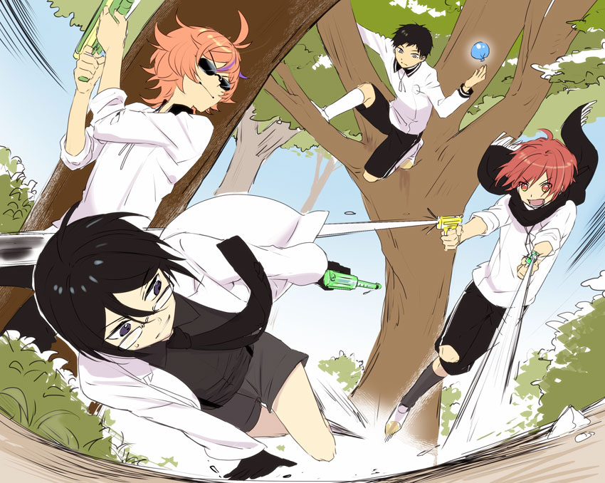 10s 4boys alternate_eye_color atsushi_toushirou black_gloves black_hair black_socks brown_hair glasses gloves gotou_toushirou grey_eyes kneehighs kuronomine lab_coat male_focus multiple_boys necktie open_mouth purple_eyes red_eyes red_hair scarf shinano_toushirou shorts smile socks sunglasses touken_ranbu tree water_balloon water_gun yagen_toushirou