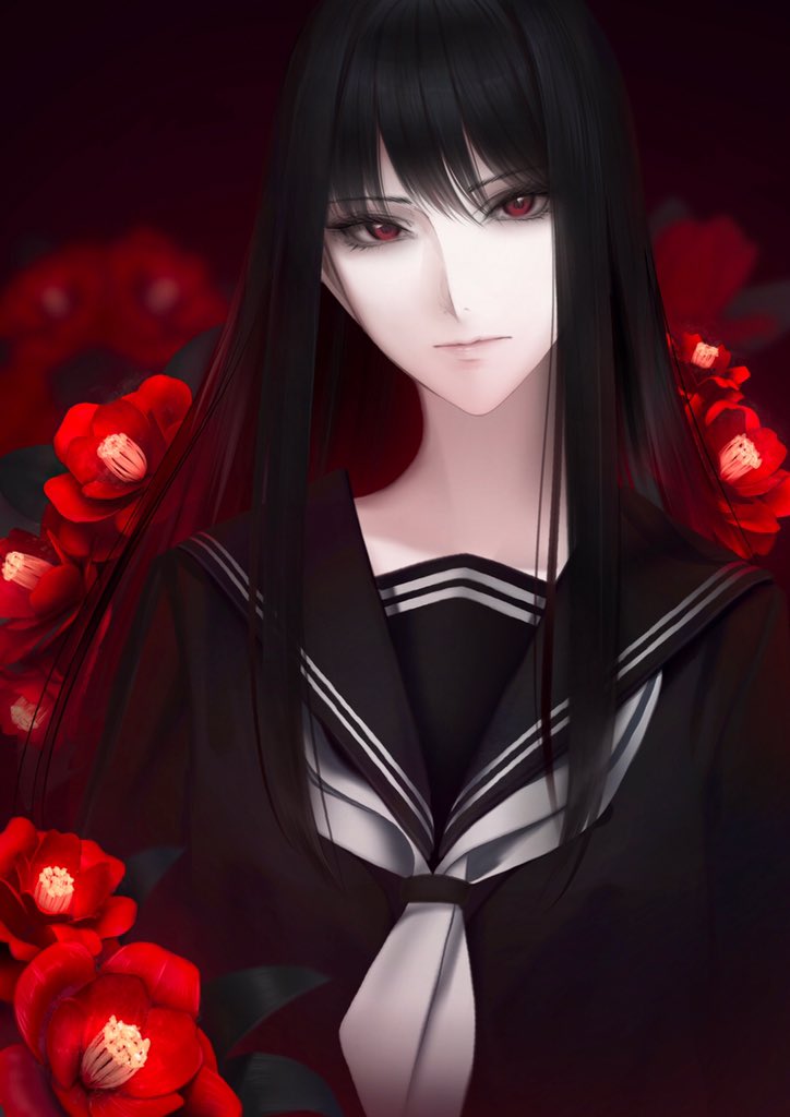 1girl black_hair black_serafuku erise expressionless flower long_hair looking_at_viewer original pale_skin red_eyes red_flower school_uniform serafuku solo upper_body