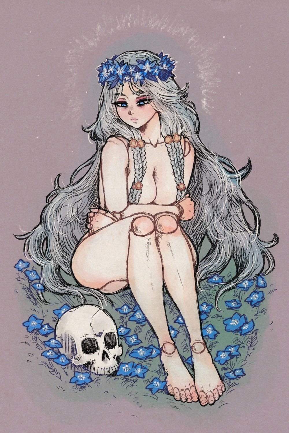 1girl akairiot blue_eyes braid convenient_censoring doll_joints elden_ring elden_ring_nightreign head_wreath highres joints long_hair low_twin_braids nude revenant_(elden_ring) skull solo twin_braids white_hair
