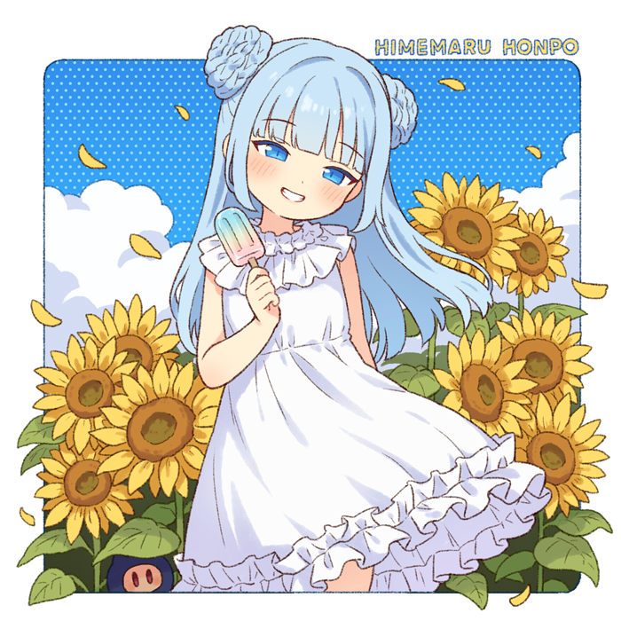 1girl blue_eyes blue_hair braid braided_bun commentary_request double_bun dress flat_chest flower food frilled_dress frills grin hair_bun head_tilt holding holding_food holding_popsicle long_hair looking_at_viewer onyhakase original popsicle sleeveless sleeveless_dress smile solo sunflower white_dress yellow_flower