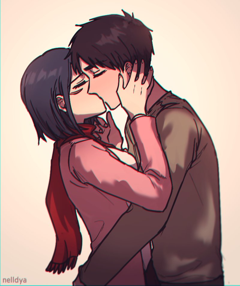 1boy 1girl artist_name black_hair breasts brown_hair brown_shirt chromatic_aberration commentary eren_yeager facial_scar hand_on_another&#039;s_cheek hand_on_another&#039;s_face hashtag-only_commentary hetero jacket kiss medium_breasts medium_hair mikasa_ackerman mina_(als_dk) pink_jacket red_scarf scar scar_on_cheek scar_on_face scarf shingeki_no_kyojin shirt
