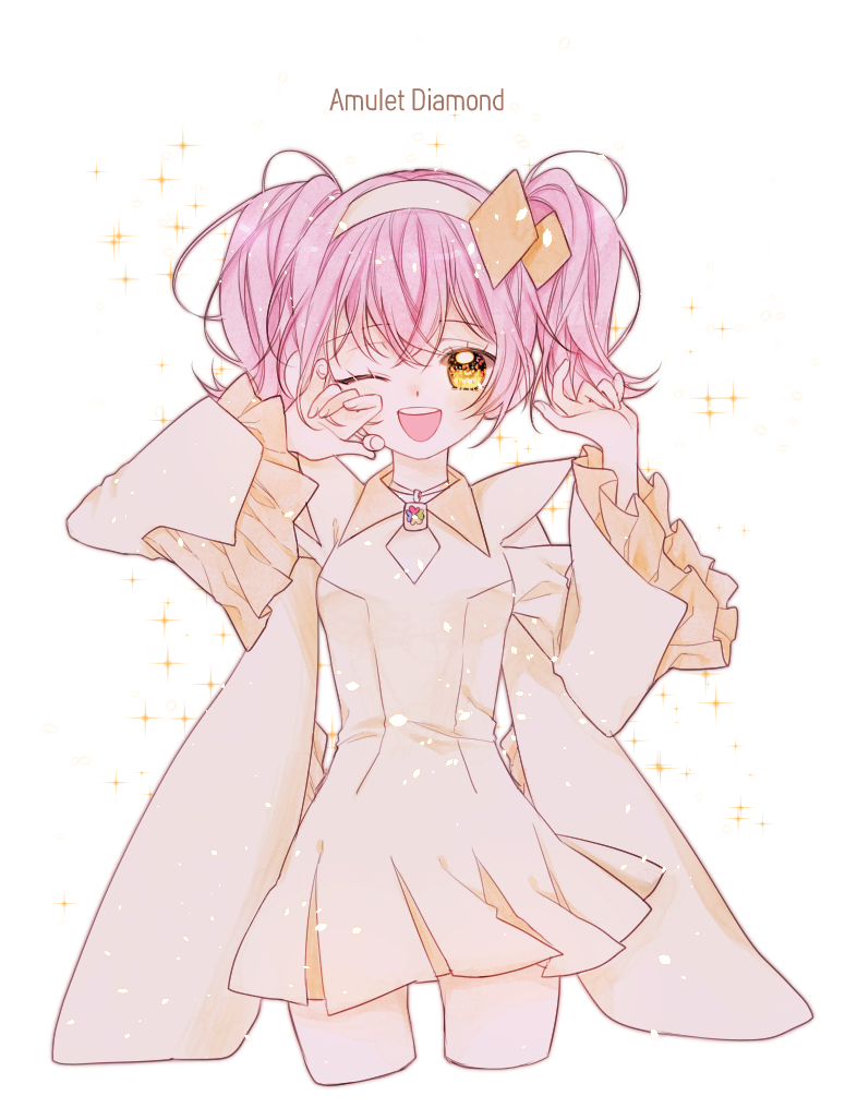 1girl amulet_dia character_name dress hinamori_amu long_sleeves looking_at_viewer off-shoulder_dress off_shoulder one_eye_closed open_mouth orange_eyes pink_hair short_twintails shugo_chara! smile solo tische twintails white_background white_dress