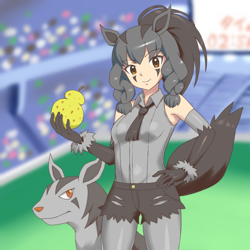 1girl alternate_costume alternate_hairstyle an1k1_(tkks5227) animal_ears berry_(pokemon) black_hair braid braided_bangs food gen_3_pokemon gloves holding holding_food jewelry mightyena mightyena_girl necklace nintendo pantyhose pantyhose_under_shorts pokemon pokemon_(anime) pokemon_xy_(anime) ponytail shorts sitrus_berry stadium tail yellow_eyes