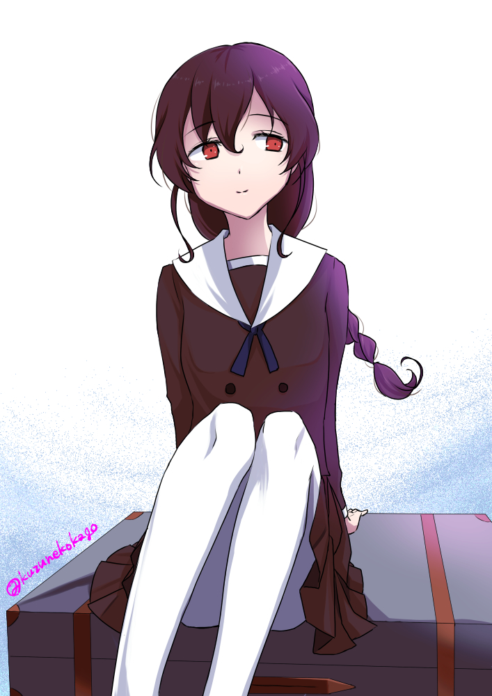 1girl braid brown_hair brown_serafuku brown_shirt feet_out_of_frame kantai_collection long_hair orange_eyes pantyhose pleated_skirt sailor_collar sailor_shirt school_uniform serafuku shirt shizukuneko single_braid sitting skirt solo souya_(kancolle) suitcase white_pantyhose white_sailor_collar