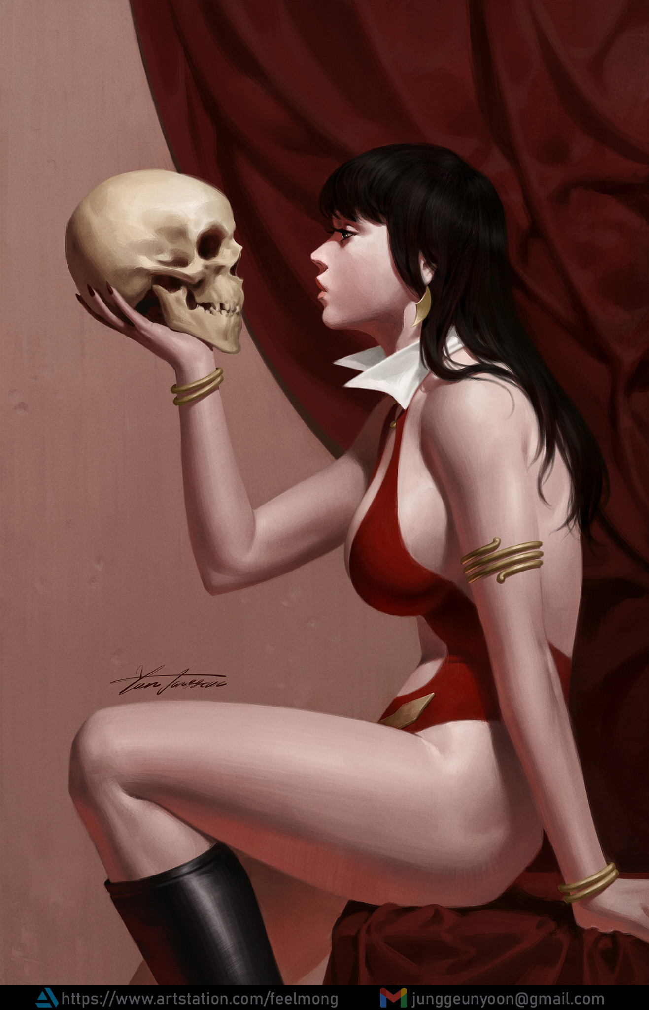 1girl artstation_logo artstation_username black_boots black_hair boots bracelet breasts collar earrings from_side gmail grey_eyes highres holding holding_skull jewelry large_breasts long_hair looking_at_object one-piece_swimsuit red_curtains red_one-piece_swimsuit signature sitting skull solo swimsuit vampirella vampirella_(character) watermark web_address white_collar yoon_junggeun