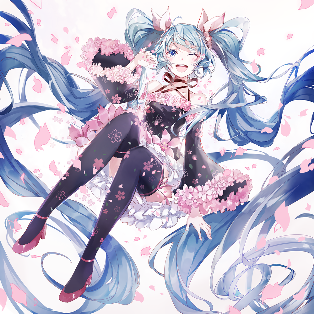 1girl ;d abstract ahoge arm_at_side black_thighhighs blue_eyes blue_hair blush camisole collarbone criss-cross_halter derivative_work female_focus flat_chest flower full_body hair_ribbon halterneck hatsune_miku high_heels invisible_chair layered_skirt long_hair long_sleeves looking_at_viewer mamenomoto one_eye_closed open_mouth petals pink_flower pink_ribbon pink_shoes ribbon round_teeth shoes simple_background sitting skirt smile solo swept_bangs teeth thighhighs twintails very_long_hair vocaloid white_background white_skirt