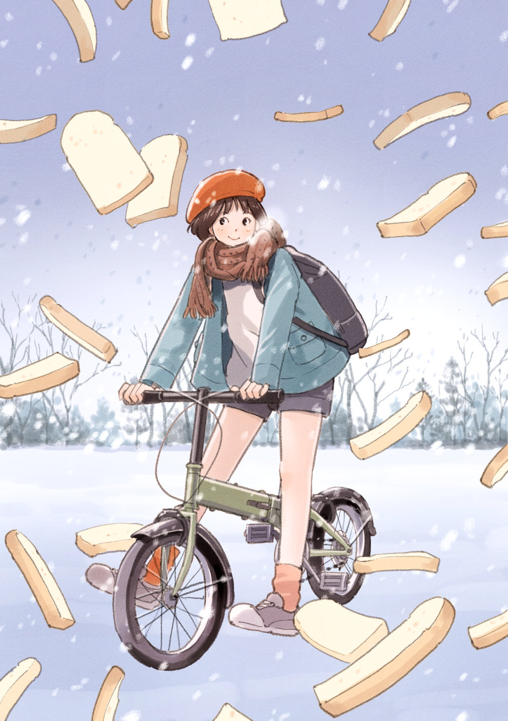 1girl backpack bag bare_tree beret bicycle bizarre_rain black_hair black_shorts blue_jacket bread bread_slice brown_scarf closed_mouth commentary day food grey_shoes grey_shorts hat highres jacket long_sleeves original outdoors red_hat red_socks scarf shoes short_hair shorts sideways_glance sky smile snow snowing socks solo standing steam symbol-only_commentary tree yuki_kurita