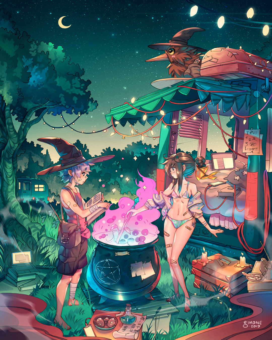1boy 1girl animal artist_name awning bag bandaged_arm bandaged_leg bandages bandaid bandaid_on_arm bandaid_on_face bandaid_on_leg bandaid_on_nose bandaid_on_stomach bare_shoulders barefoot bikini bird black_hat black_shorts book book_stack bowl breasts brown_hair bubble cable camper_trailer candle card_in_hat cattail cauldron cellphone clothed_animal colored_smoke commentary computer crescent_moon dated foliage grass hair_bun hair_ribbon hat hat_ribbon highres holding holding_book holding_stick jacket kiwi_(bird) laptop looking_to_the_side mattress medium_hair moon mortar_(bowl) multicolored_bikini multicolored_jacket mushroom nature navel night night_sky off_shoulder open_book open_clothes open_jacket original outdoors parchment pentagram pestle phone pillow pink_shirt plant potion profile purple_hair purple_ribbon radio reading recreational_vehicle ribbon runes satchel shirt short_hair shorts sidelocks simz sky sleeveless sleeveless_shirt small_breasts smartphone smoke sparkle standing star_(sky) starry_sky stick stirring stirring_rod string_of_light_bulbs suitcase swimsuit tablet_pc trailer tree witch_hat yellow_ribbon