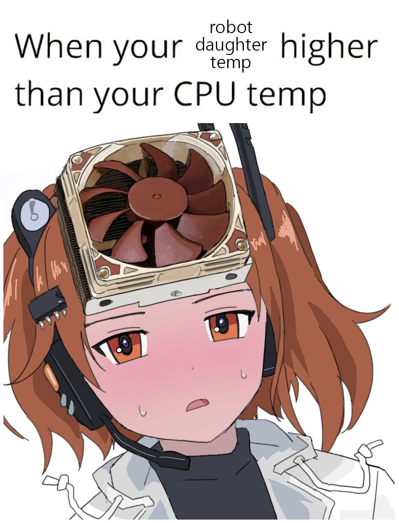 1girl a.i._voice adachi_rei black_shirt blush brown_hair computer_chip computer_fan doppelschwert english_text frown headlamp headset hot jacket looking_at_viewer noctua nose_blush object_on_head one_side_up open_clothes open_jacket open_mouth orange_eyes portrait radio_antenna shirt short_hair simple_background solo sweat utau white_background white_jacket