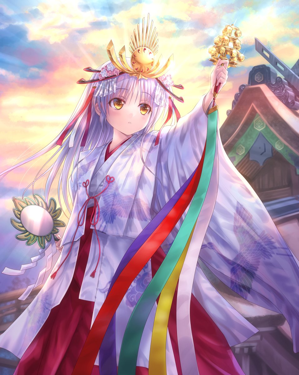 1girl alternate_costume angel_beats! animal_print arm_up bell bird_print blush chihaya_(clothing) clothing_request commentary_request eyes_visible_through_hair feet_out_of_frame goto_p hair_between_eyes hakama highres holding japanese_clothes jingle_bell kagura_suzu kimono long_hair long_sleeves looking_afar miko outdoors parted_lips red_hakama shrine solo standing sunset tenshi_(angel_beats!) white_hair white_kimono wide_sleeves yellow_eyes