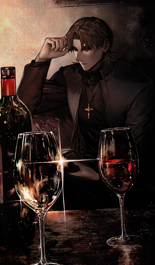 1boy albino_(a1b1n0623) alcohol black_eyes black_jacket black_shirt book bottle brown_theme christianity clerical_collar commentary cross cross_necklace cup curtained_hair diffraction_spikes drink drinking_glass dutch_angle fate/grand_order fate/stay_night fate_(series) glint hand_on_own_forehead head_rest high_collar holding holding_book indoors jacket jewelry kotomine_kirei latin_cross long_sleeves looking_at_viewer male_focus medium_hair necklace official_art open_book open_clothes open_jacket parted_lips priest shirt solo table third-party_source wine wine_bottle wine_glass