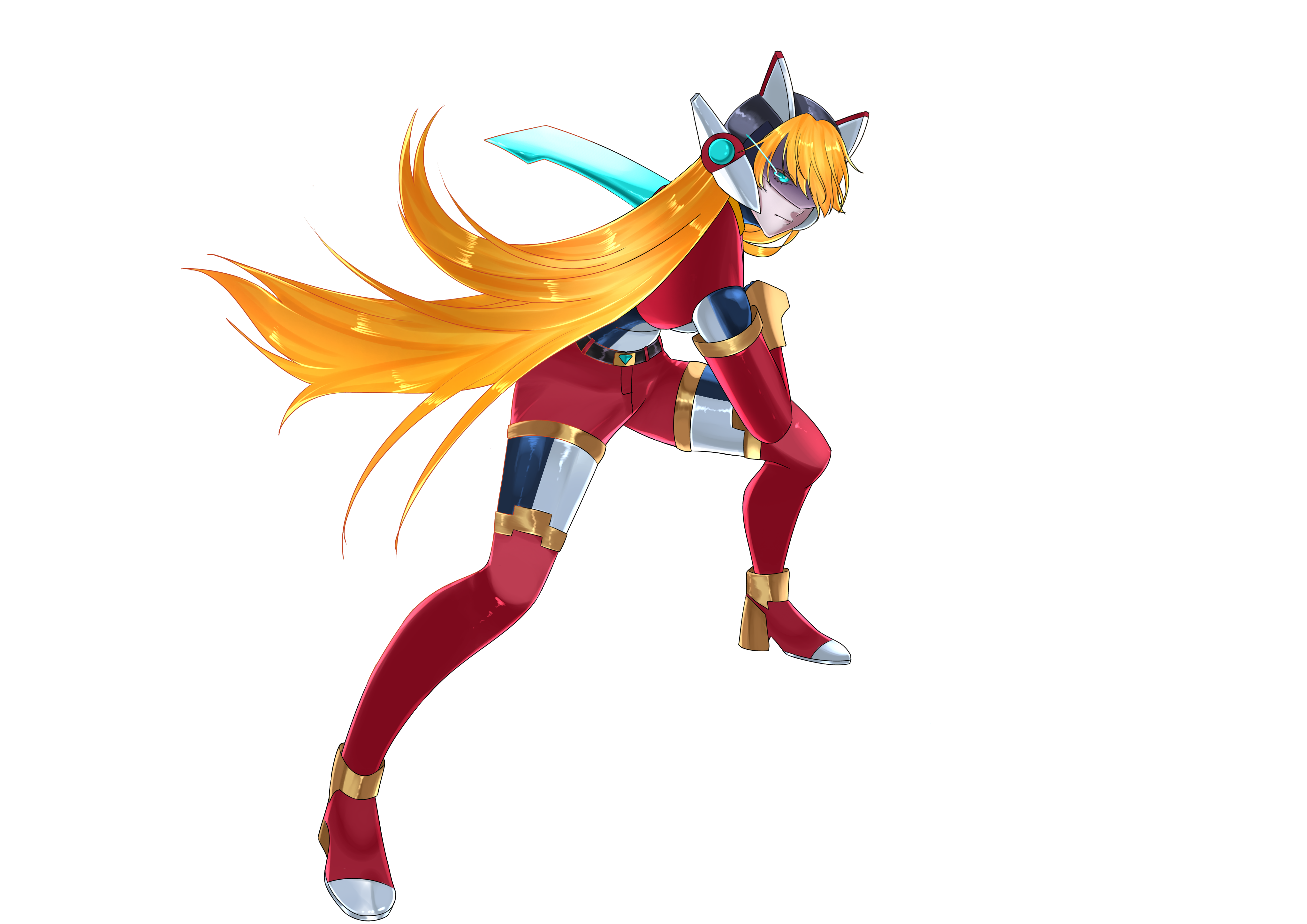1girl absurdres alternate_costume alternate_hairstyle armor energy_sword belt blonde_hair blue_eyes bodystocking boots breasts chest_jewel ciel_(mega_man) commission commissioner_upload elbow_gloves energy_sword fighting_stance full_body gloves glowing glowing_eye helmet highres holding holding_weapon long_hair looking_at_viewer mechanical_ears mega_man_(series) mega_man_zero_(series) mega_man_zx model_z_(mega_man) n_dreamed non-web_source shorts small_breasts sword thigh_boots transparent_background weapon