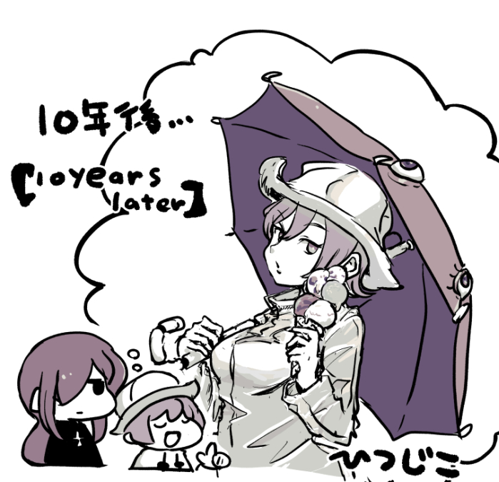 2girls aged_up closed_eyes food hair_over_one_eye hat hitsujiko hungern_(skullgirls) ice_cream ice_cream_cone index_finger_raised japanese_text multiple_girls open_mouth parasoul_(skullgirls) pink_hair raincoat red_hair siblings sisters skullgirls smile speech_bubble thought_bubble umbrella_(skullgirls) upper_body