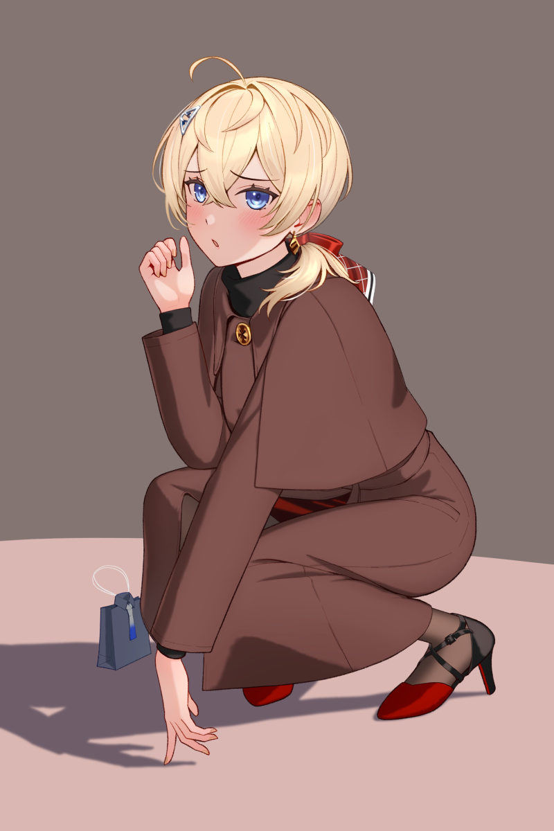 1girl bag black_coat blonde_hair blue_eyes blush coat crossed_bangs full_body hair_between_eyes hair_ornament hair_ribbon handbag high_heels highres kantai_collection long_sleeves looking_at_viewer pantyhose porupurucha red_ribbon ribbon shadow shoes simple_background solo squatting tuscaloosa_(kancolle) tuscaloosa_(valentine)_(kancolle)