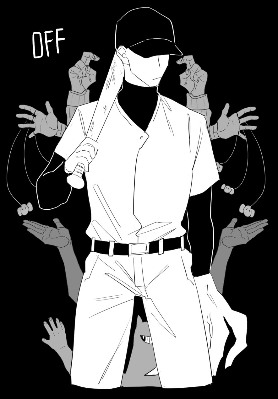 1boy bad_id bad_twitter_id baseball_bat baseball_cap baseball_uniform belt closed_mouth colored_skin copyright_name greyscale hat highres male_focus monochrome nogamichi off_(game) solo sportswear sugar_(off) the_batter_(off) the_judge_(off) white_skin zacharie_(off)