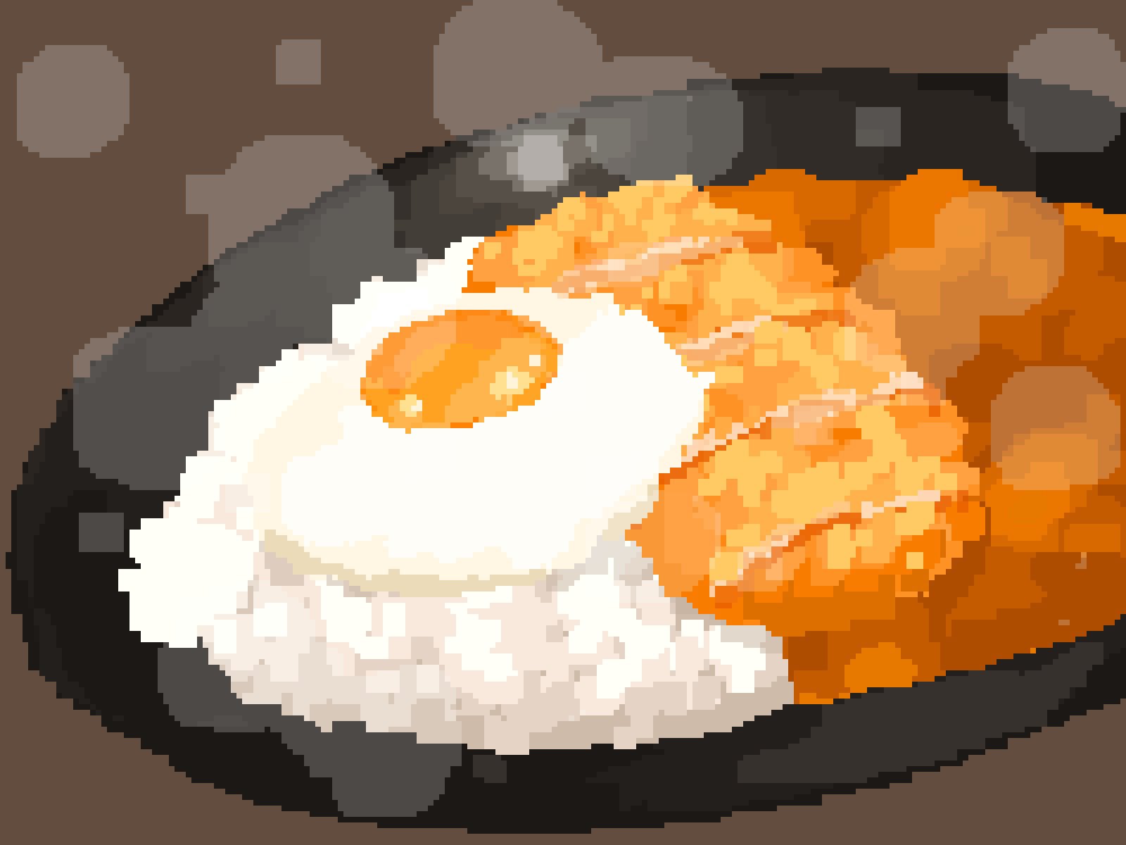 bowl brown_background curry egg_yolk food food_focus highres hisachan55cute no_humans omelet omurice original pixel_art rice scenery simple_background steaming_food tamagokake_gohan