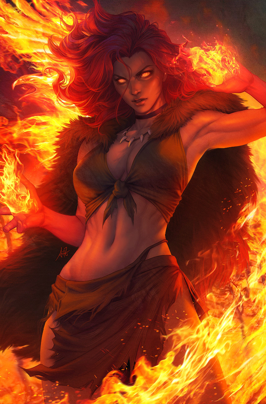 1girl armpits black_choker breasts cape choker fire firehair_(marvel) fur_cape glowing glowing_eyes highres long_hair looking_at_viewer marvel medium_breasts navel official_art open_mouth phoenix_(x-men) pyrokinesis realistic red_hair signature stanley_lau yellow_eyes