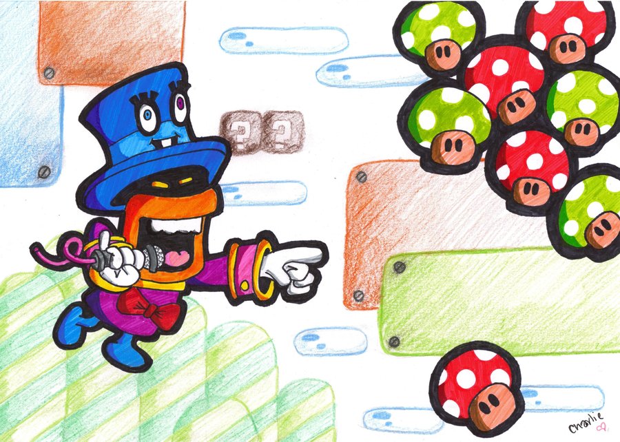 ?_block big_top mario_(series) mc_ballyhoo microphone mushroom nintendo no_humans outdoors sky super_mario_bros._1