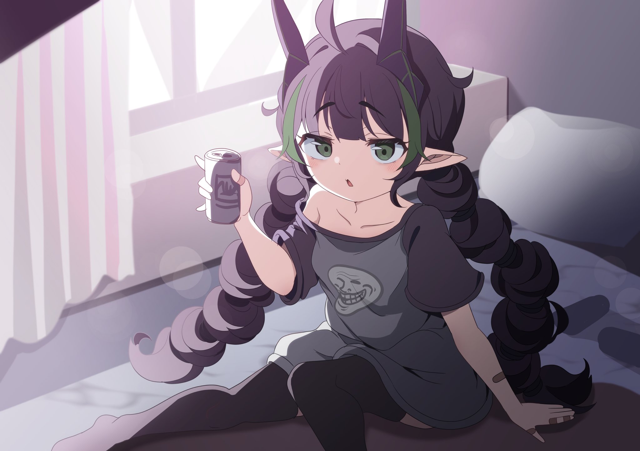 ahoge artist_request bandaid bandaid_on_arm bandaid_on_finger bandaid_on_forearm bed beer_can black_shirt black_socks blush can collarbone drink_can drunk elfinpsyop green_eyes highres holding_beer horns indie_virtual_youtuber long_shirt mechanical_horns pointy_ears raised_eyebrows shirt sitting socks white_curtains