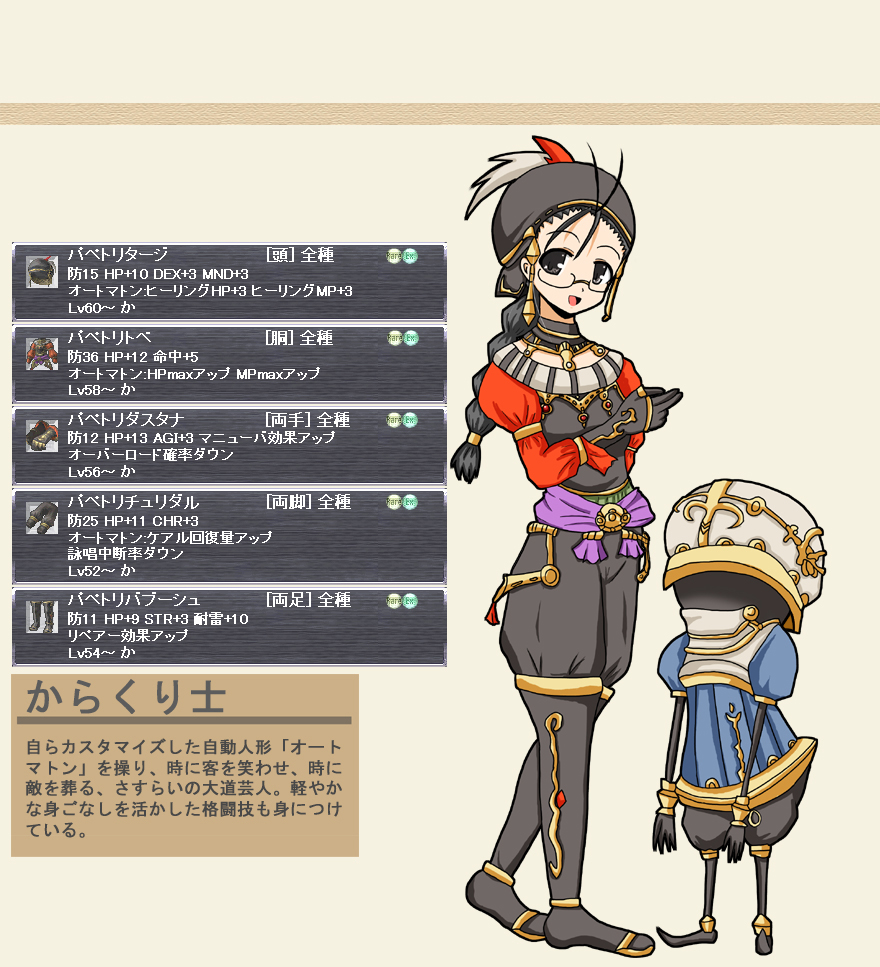 1girl :d antenna_hair armlet black_eyes black_footwear black_gloves black_hair black_pants boots braid detached_collar elbow_gloves final_fantasy final_fantasy_xi full_body glasses gloves hakase_satomi hat helmet jewelry looking_at_viewer mahou_sensei_negima! open_mouth pants parody puppet puppetmaster rimless_eyewear sash single_braid smile standing tareme text_focus thigh_boots thighhighs white_hat