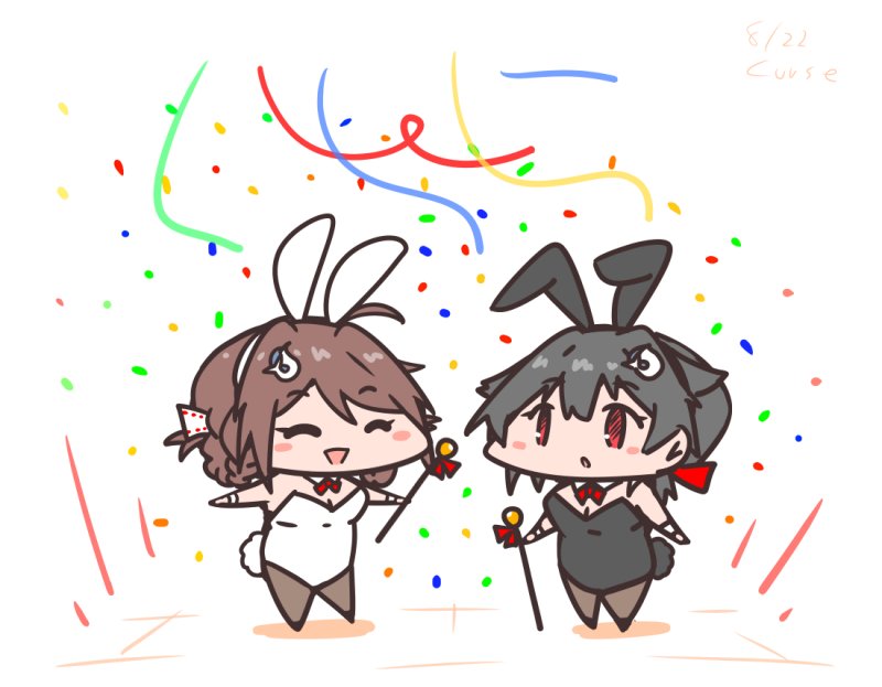 2girls ahoge animal_ears black_hair black_leotard black_pantyhose bow bowtie braid braided_hair_rings brown_hair chibi chougei_(kancolle) closed_eyes confetti curse_(023) detached_collar hair_flaps hair_ornament hair_rings hairclip jingei_(kancolle) kantai_collection leotard long_hair multiple_girls pantyhose playboy_bunny rabbit_ears rabbit_tail red_bow red_bowtie red_eyes standing strapless strapless_leotard tail twin_braids whale_hair_ornament white_leotard wrist_cuffs