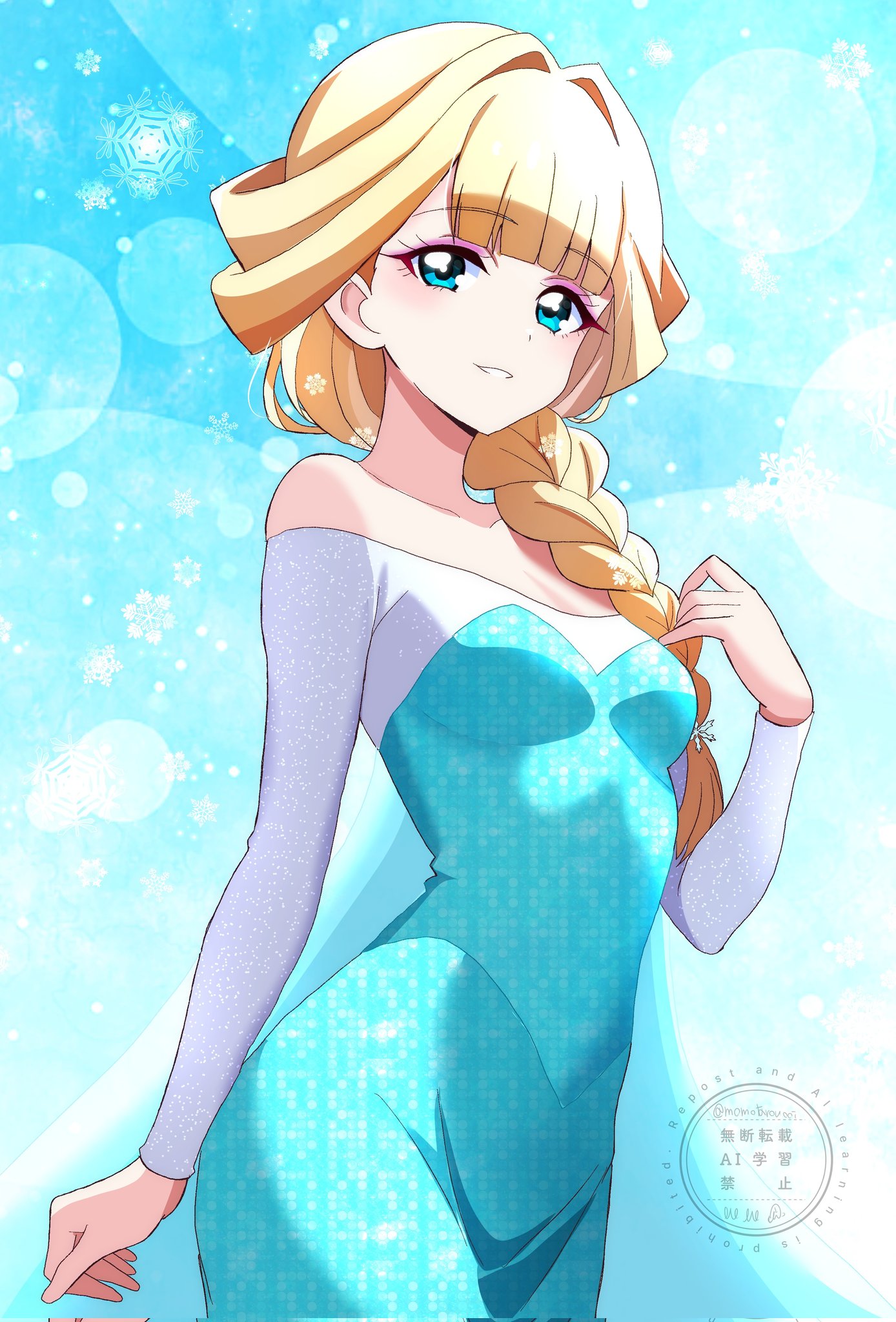 1girl artist_name bare_shoulders blonde_hair blue_background blue_dress blue_eyes blunt_bangs blush braid breasts collarbone commentary contrapposto cosplay cowboy_shot dot_nose dress elsa_(frozen) elsa_(frozen)_(cosplay) eyeshadow frozen_(disney) glitter glitter_dress grin half_updo hand_up highres long_hair long_sleeves looking_at_viewer makeup momotarouooi nekoyashiki_yuki off-shoulder_dress off_shoulder parted_lips pink_eyeshadow precure princess_dress single_braid small_breasts smile snowflake_background snowflakes solo standing tsurime twitter_username watermark wonderful_precure!