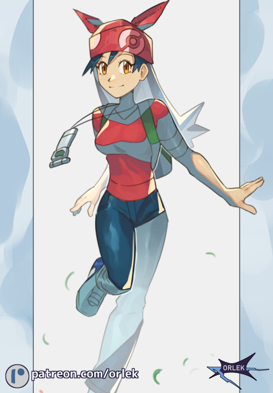 1girl artist_name backpack bag bandana black_hair breasts brown_eyes closed_mouth commentary eyelashes falling_leaves green_bag leaf lisa_(pokemon) long_hair nintendo orlek pants patreon_logo pokegear pokemon pokemon_(anime) pokemon_(classic_anime) pokemon_3:_the_movie_-_spell_of_the_unown:_entei red_bandana shirt shoes short_sleeves smile solo watermark web_address