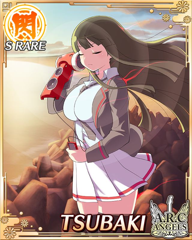 1girl between_breasts black_hair black_jacket blue_shirt border breasts card_(medium) character_name closed_eyes closed_mouth diagonal-striped_clothes diagonal-striped_necktie english_text game_cg hime_cut jacket large_breasts long_hair music necktie necktie_between_breasts official_alternate_costume official_art open_clothes open_jacket pleated_skirt senran_kagura senran_kagura_new_wave shirt skirt solo striped_clothes tsubaki_(senran_kagura) white_skirt