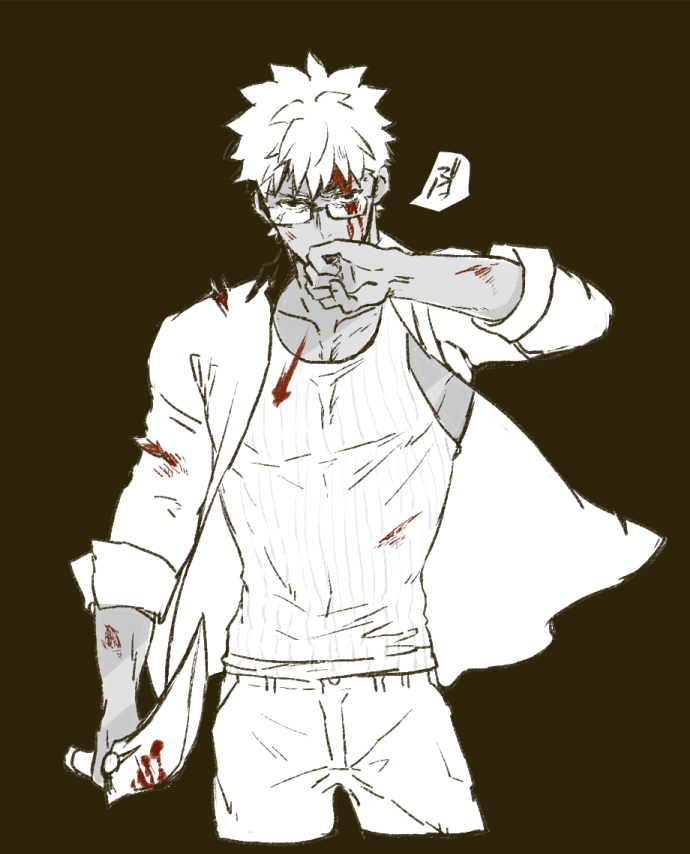 1boy archer_(fate) archer_(summer_casual)_(fate) battle_damage blood blood_on_clothes blood_on_face fate/grand_order fate_(series) glasses male_focus monochrome open_clothes open_shirt shibanui shirt simple_background spiked_hair weapon