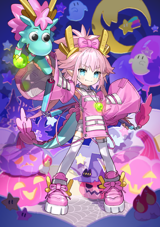 1girl blue_eyes blue_tail blush bow child chinese_clothes closed_mouth clothing_request crop_top detached_sleeves dragon_girl dragon_horns dragon_tail eliza_the_nine-tattooed_dragon_(fate) fangs fate/grand_order fate_(series) full_body game_cg hair_bow hands_up holding holding_behind_back holding_weapon holding_weapon_behind_back horns legs_apart long_hair long_sleeves looking_at_viewer mandarin_collar official_art orb outstretched_arms pink_bow pink_hair pink_shoes pink_sleeves pointy_ears shi_jin_(fate) shirt shoes shorts sidelocks skin_fangs smile sneakers solo standing tail thighhighs third-party_source three_section_staff v-shaped_eyebrows wada_arco weapon white_shirt white_shorts white_thighhighs wide_sleeves