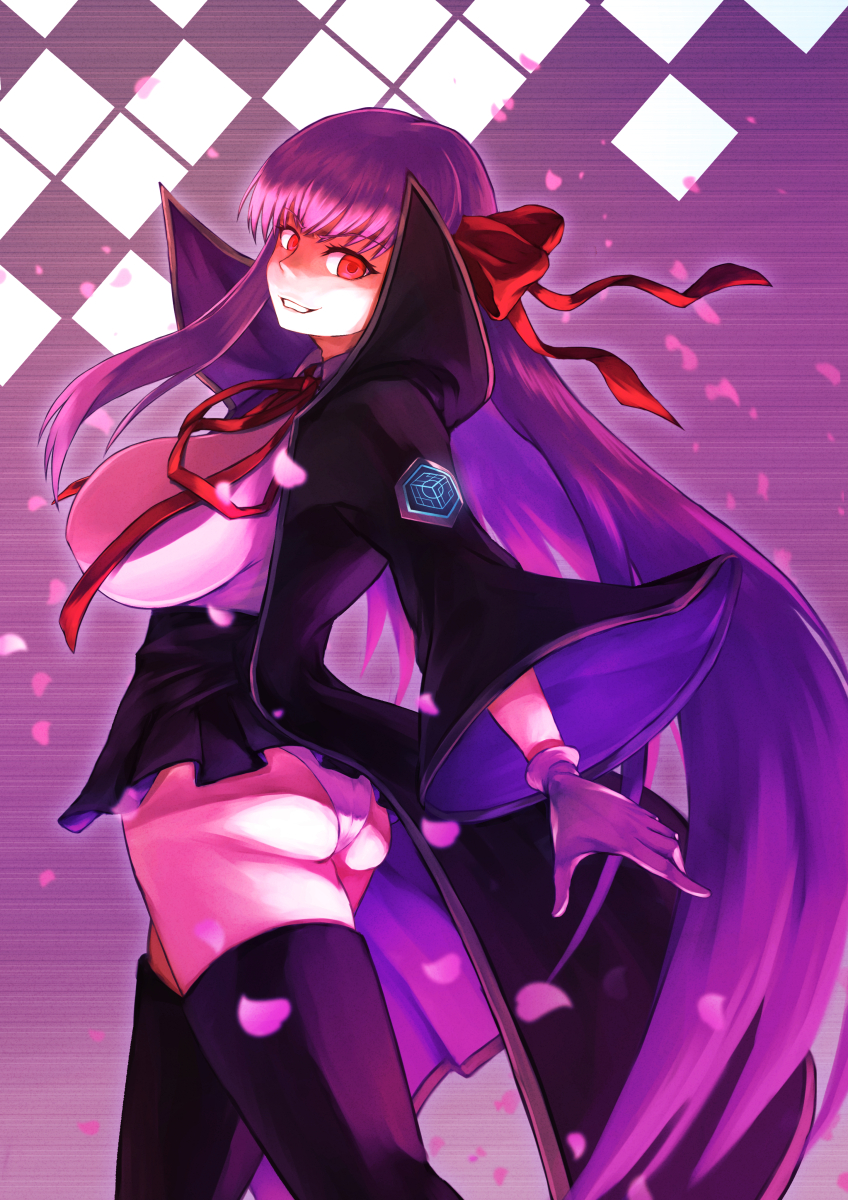 1girl ass bb_(fate) bb_(fate/extra) black_coat black_legwear black_skirt breasts coat fate/extra fate/extra_ccc fate_(series) gloves gradient_background grin hair_ribbon high-waist_skirt highres juunishi_aya large_breasts leotard long_hair neck_ribbon open_clothes open_coat popped_collar purple_background purple_hair red_eyes red_ribbon ribbon skirt smile thighs very_long_hair white_gloves white_leotard wide_sleeves