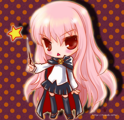 2000s_(style) bolo_tie cape chibi chibi_only deformed flat_chest holding holding_wand long_hair louise_francoise_le_blanc_de_la_valliere lowres nayumi pink_eyes pink_hair thighhighs wand zero_no_tsukaima