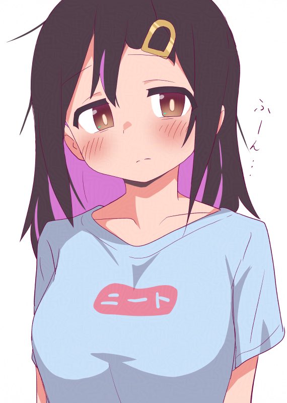 1girl adversarial_noise black_hair blue_shirt blush brown_eyes collarbone colored_inner_hair commentary cosplay frown hair_between_eyes hair_down hair_ornament hairclip hatafuta long_hair looking_at_viewer multicolored_hair onii-chan_wa_oshimai! oyama_mahiro oyama_mahiro_(cosplay) oyama_mihari purple_hair shirt short_sleeves simple_background solo t-shirt two-tone_hair upper_body white_background
