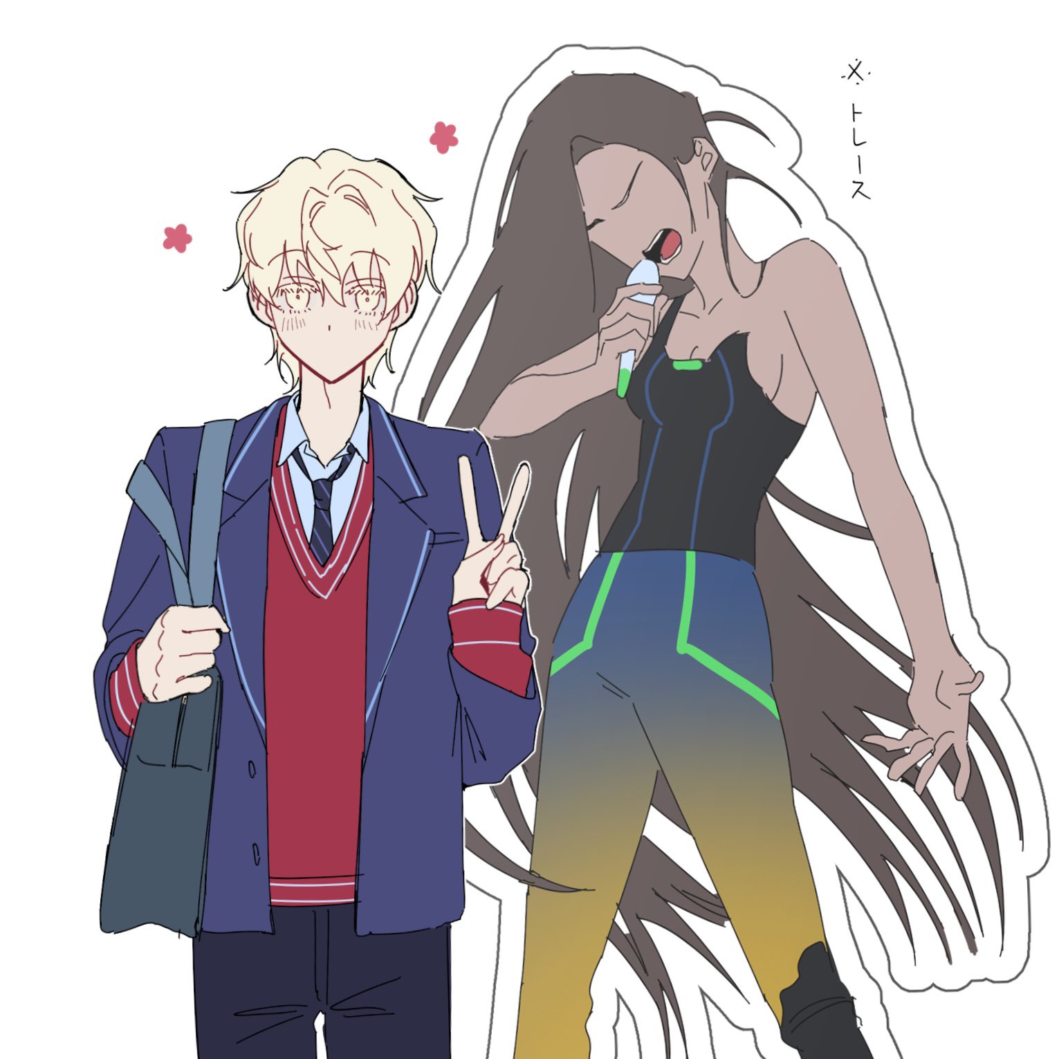 1boy 1girl alien_stage bag black_tank_top blonde_hair blue_jacket blue_pants brown_hair cardboard_cutout colored_eyelashes commentary_request dark-skinned_female dark_skin gradient_pants green_bag highres hyuna_(alien_stage) jacket kyon_(zmwh8222) long_hair long_sleeves luka_(alien_stage) pants red_sweater short_hair shoulder_bag simple_background single_strap sweater tank_top translation_request v very_long_hair white_background yellow_eyes yellow_pants