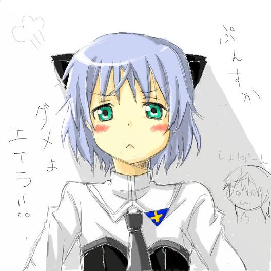 1girl :&lt; animal_ears blush cat_ears dashing dot_nose eila_ilmatar_juutilainen grey_hair necktie sanya_v._litvyak shiro29 short_hair strike_witches tagme translation_request world_witches_series