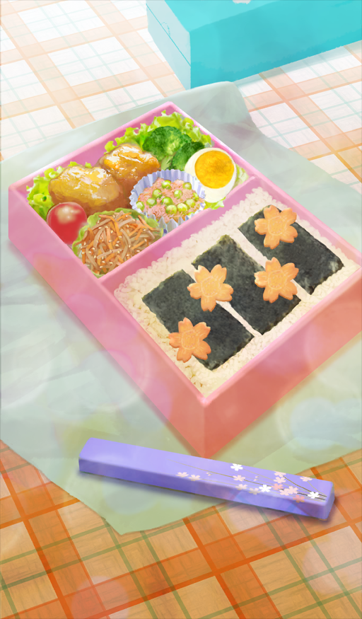 bento box broccoli cherry_blossoms commentary fate/extra fate/grand_order fate_(series) food food_art food_focus food_request in_box in_container kamikokuryo_isamu lens_flare lettuce no_humans official_art orange_background rice seaweed still_life third-party_source