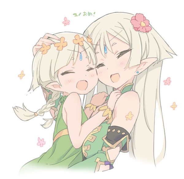 2girls birthday blade_(galaxist) blonde_hair blush braid child circlet closed_eyes earrings elf flower hair_flower hair_ornament head_wreath jewelry juno_bernal kris_bernal long_hair multiple_girls open_mouth pointy_ears pop-up_story siblings simple_background sisters smile twin_braids white_background