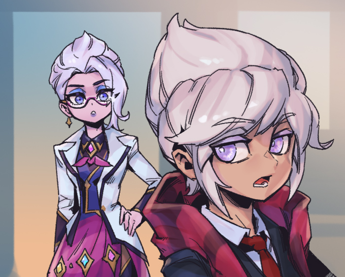 1boy 1girl academy_vladimir character_request collared_shirt earrings fiora_(league_of_legends) glasses grey_hair hand_on_own_hip headmistress_fiora jacket jewelry league_of_legends long_sleeves looking_at_viewer lower_teeth_only neck_ribbon necktie official_alternate_costume open_clothes open_jacket phantom_ix_row pink_eyes pink_ribbon pink_skirt red_necktie ribbon semi-rimless_eyewear shirt short_hair skirt teeth vladimir_(league_of_legends) white_jacket white_shirt
