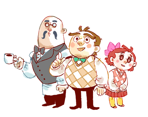 +_+ 1girl 2boys animal_crossing apron bald blathers_(animal_crossing) bow bowtie brewster_(animal_crossing) brother_and_sister brown_hair celeste_(animal_crossing) coffee cup eyebrows facial_hair glasses hair_ornament hannah_ayoubi humanization looking_at_viewer multiple_boys mustache nintendo open_mouth pointing short_hair siblings simple_background skirt smile standing vest white_background