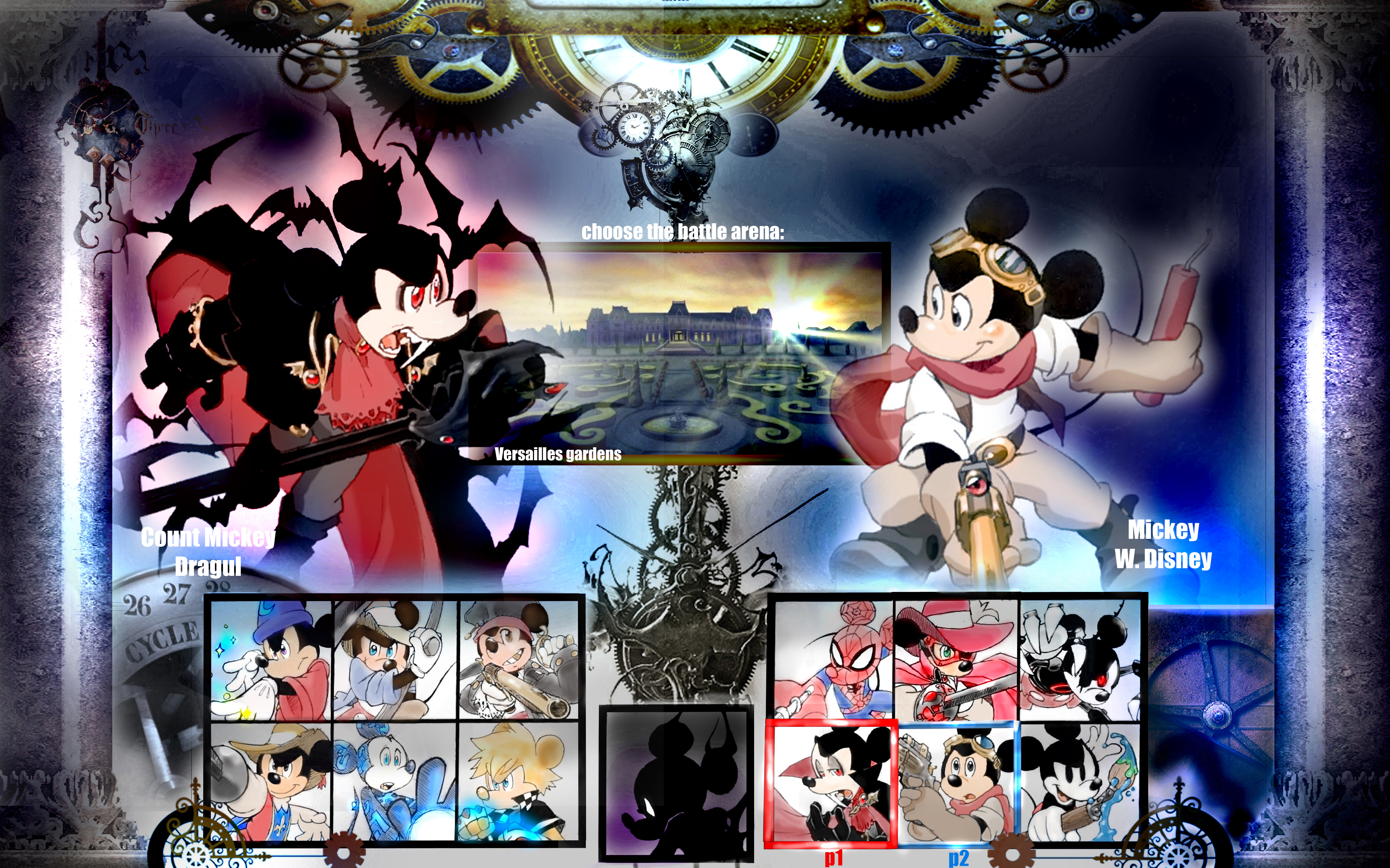 absurdres alien artist_collaboration character_select cosplay disney epic_mickey fantasia_(disney) highres kingdom_hearts marvel mickey_mouse mouse_(animal) multiple_persona musketeer no_humans non-humanoid_robot paintbrush pirate robot roxas_(cosplay) spider-man spider-man_(cosplay) the_three_musketeers tron tron_(character)_(cosplay) twistedterra vampire wizard
